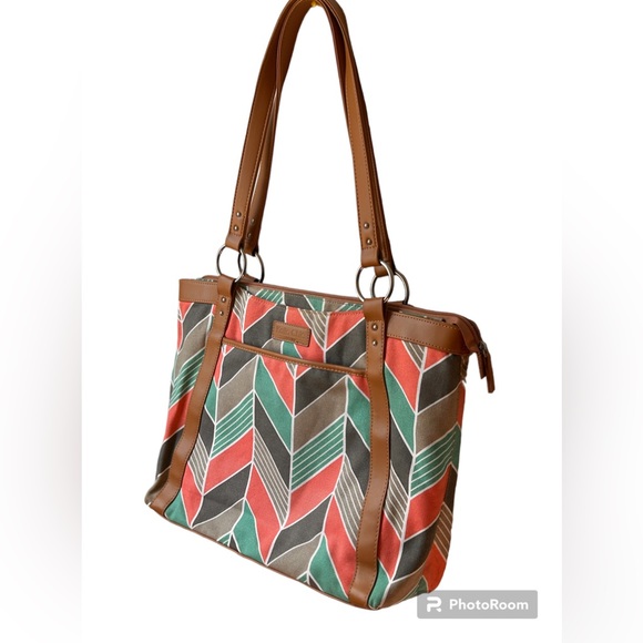KAILO CHIC CORAL & TURQUOISE CHEVRON FABRIC LAPTOP ORGANIZER  BAG TRAVEL TOTE - Picture 2 of 6